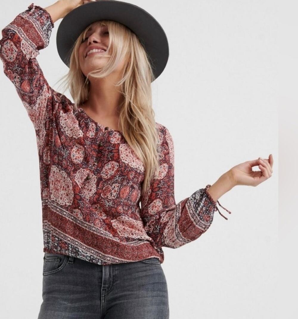 Lucky Brand Boho Moroccan Western Tapestry Peasant Top Pink Medallion S new nwt